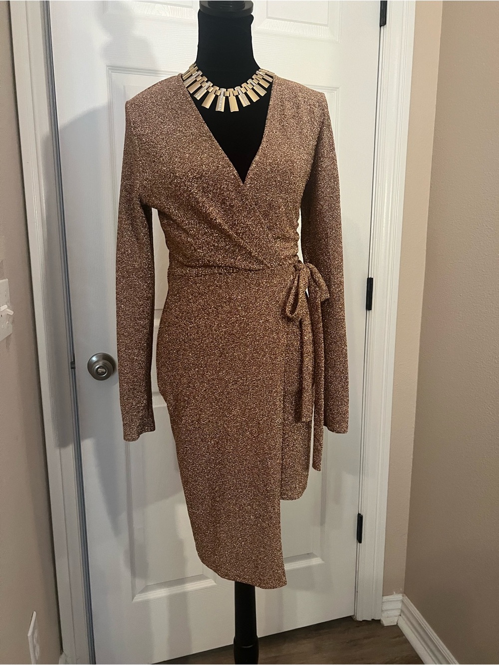 Fashion Nova Metallic Bronze Wrap Dress with Long Sleeves